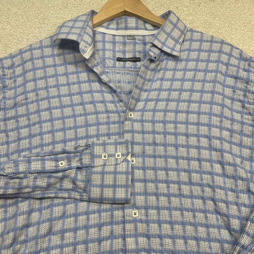 Visconti Uomo Button Down Mens XL Blue White Grid 2 Ply Mercerized Cotton 0812